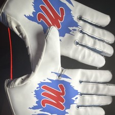 White Blue Red Synthetic Full Finger Football Gloves Pair Hook & Loop