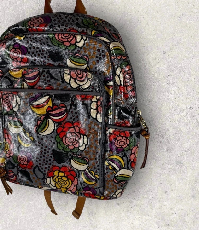 Mochila de lona y cuero recubierta de fósil gris floral multi vibrante Foto 3 de 4
