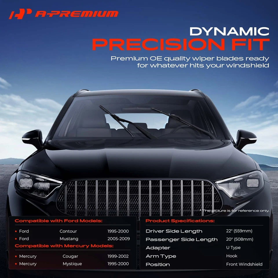 A-Premium 2 piezas limpiaparabrisas delantero 22" y 20" para Ford Mustang Mercury Foto 2 de 4