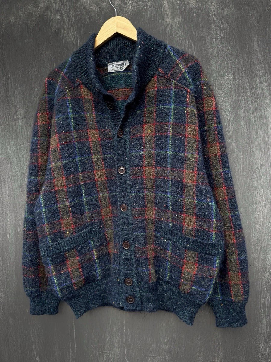 Missoni Uomo Vintage Wool Plaid Mohair Multicolor Cardigan Size L
