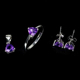 925 Sterling Silver Sets Pendant Earrings Ring Trilliant Amethyst 6mm Gemstone 7