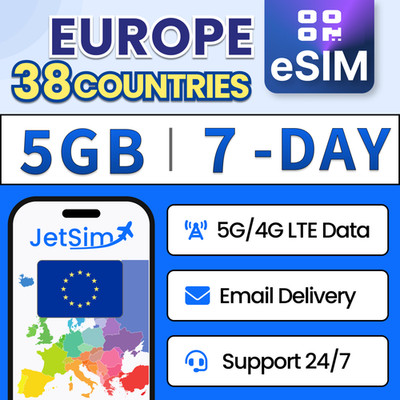 JetSim Europe Travel eSIM (7 Days), 5GB High-Speed Data, 38 EU Countries