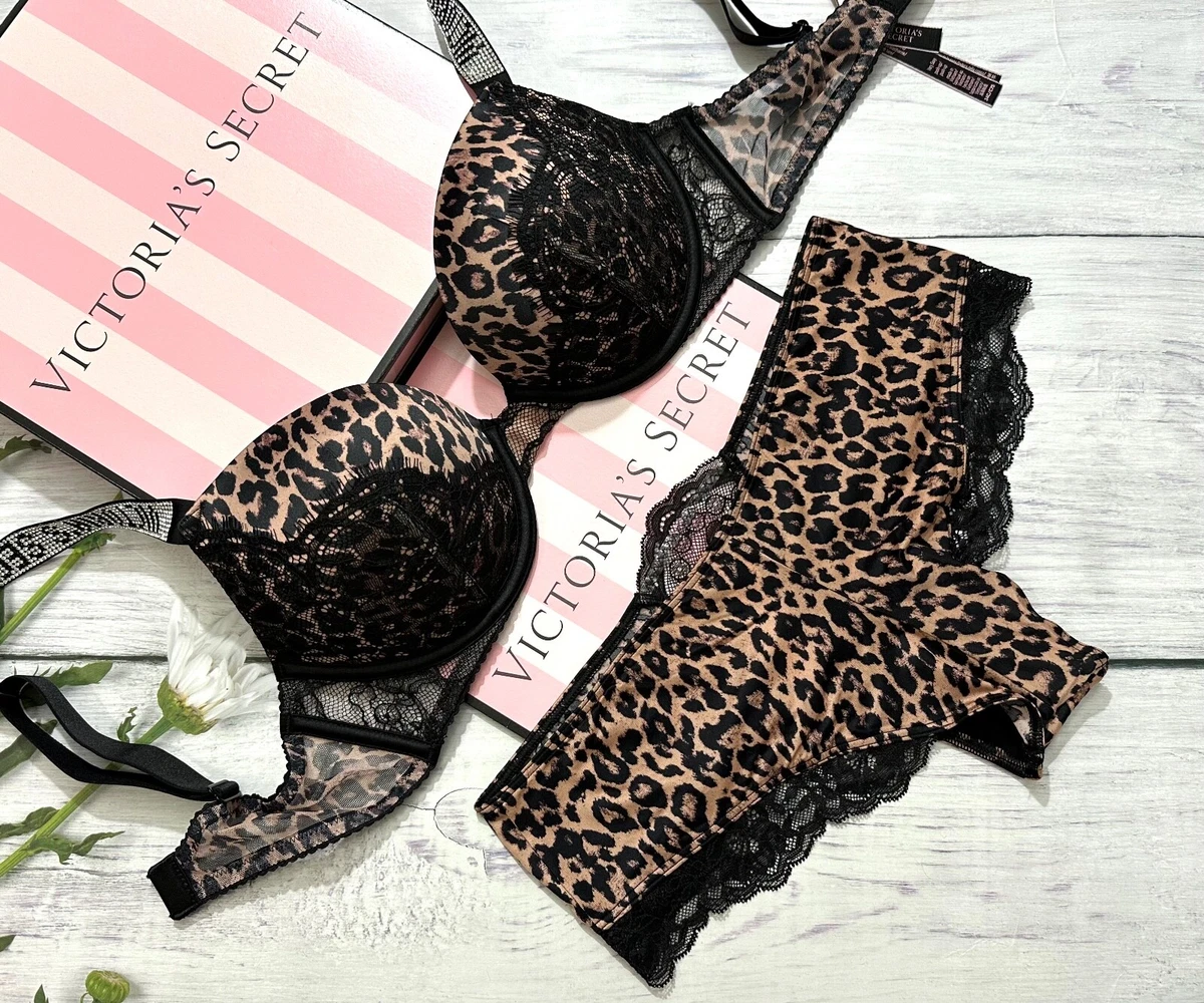 VICTORIAS SECRET Very Sexy Push Up Shine Strap Bra Cheeky Set Leopard Black  Lace