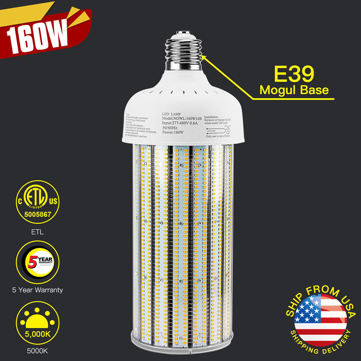 160W LED Corn Light Workshop Bulb Equal 600 Watt Metal Halide HPS HID CFL AC480V