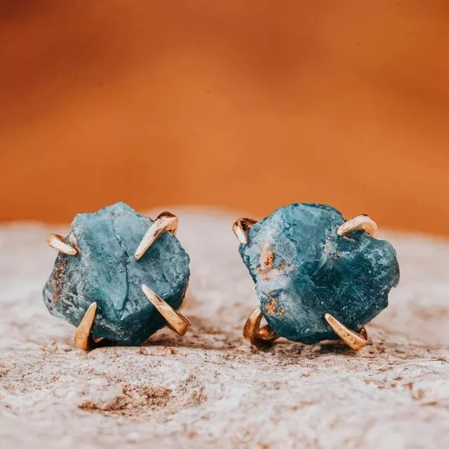 Natural Raw Blue Apatite Crystal Women Healing Reiki Stud Earrings Dainty  Gifts