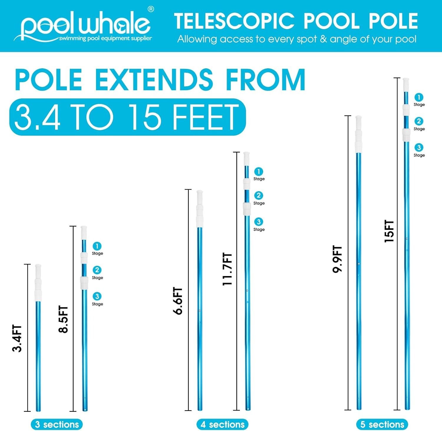 Lightweight & Sturdy Telescopic Pool Pole - 15FT Extendable for Easy Cleaning