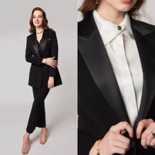 Women Black Single Breasted Suit Regular Fit Smooth Satin Peak Lapel Business