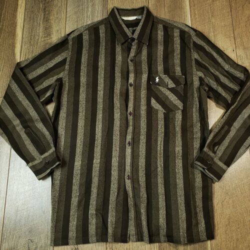 Polo vintage Ralph Lauren marron à rayures verticales boutonnées chemise à manches longues XL - Photo 1/6