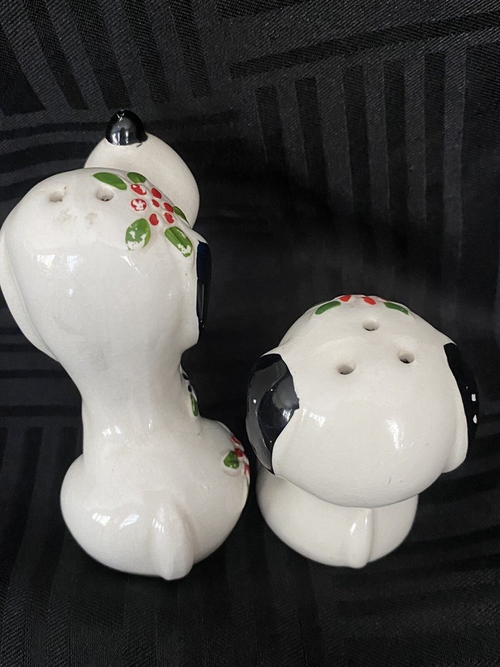 Vintage Japan Christmas black and white puppy dog salt and pepper