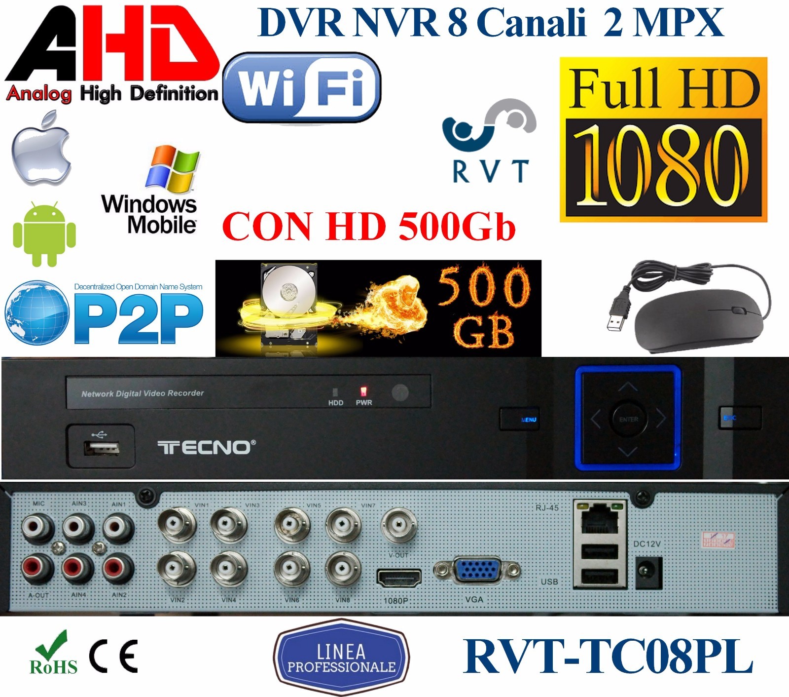 KIT DVR NVR 8 Canali + HD DA 500GB  TOP QUALITY PROFESSIONALE P2P TVCC FULL HD