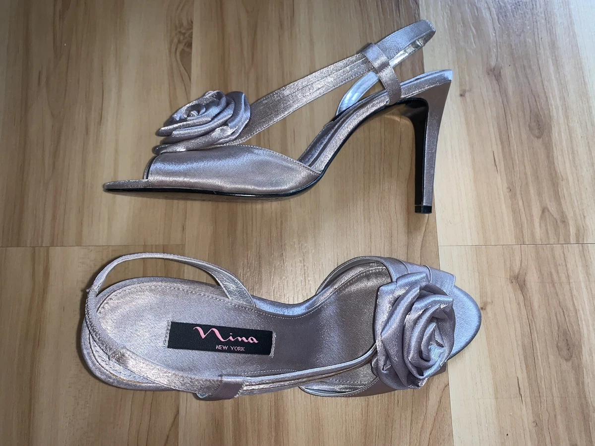 NINA NEW YORK Silver Satin Rose Evening Heels Size 8.5M Open Toe Sling Back
