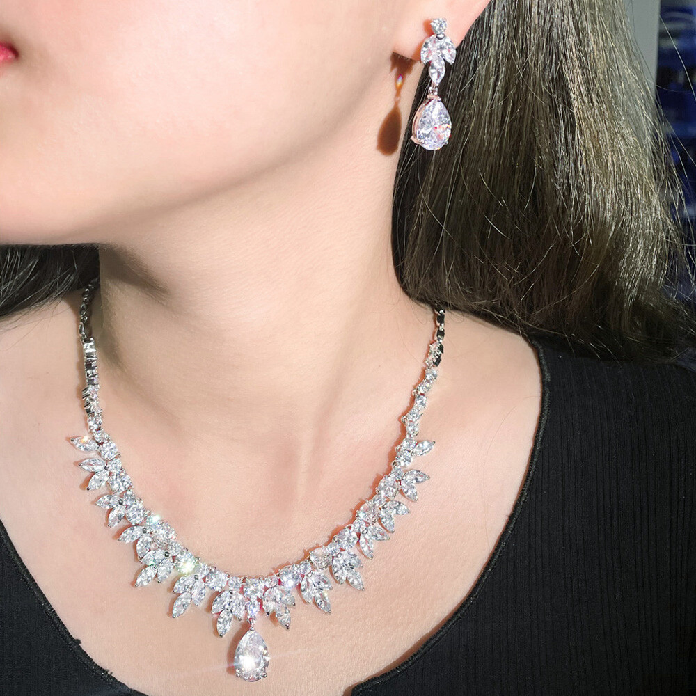 Women Wedding Zircon Leaf Dangle Earrings and Necklace Silver Plated Jewelry Set