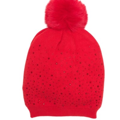 NATASHA RIB KNIT CUFFED BEANIE WITH FAUX FUR POM FLEECE LINED RED OS NWOT Starling Neil Faux Fur Pom Beanie | Accessories / Headwear  main image 4