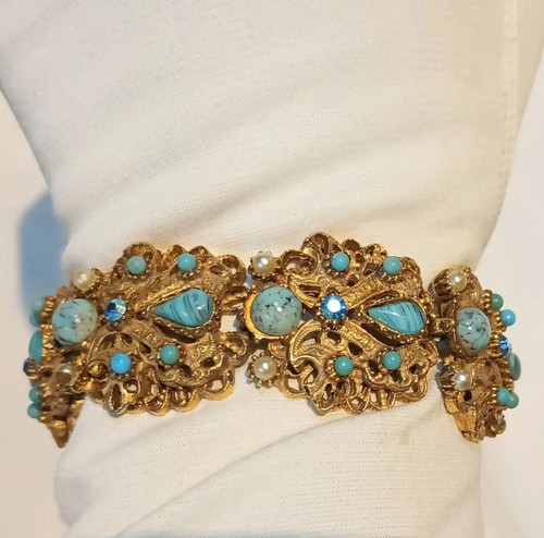 BELLISSIMO BRACCIALE FLORENZA '20s TURCHESI, PERLE, cm19,5 ORO GIALLO/ARGENTO! - Foto 5 di 13