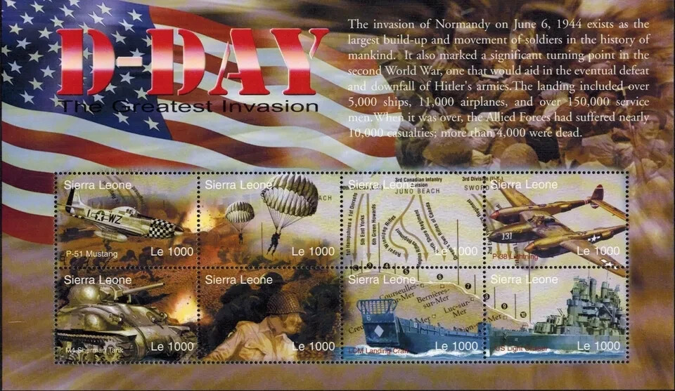 Sierra Leone, D-Day The Greatest Invasion III Souvenir Stamp Sheet Of 8 MNH, GEM