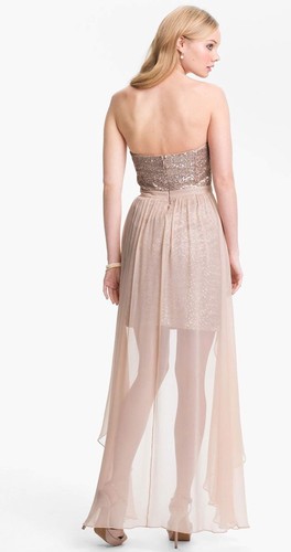 NWT AIDAN MATTOX Strapless Sequin Chiffon Overlay HiLo Dress Sz 0 Champagne $290 - Picture 2 of 11