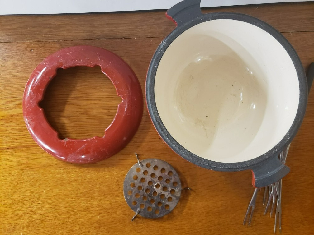 SWISSMAR  Orange Cast Iron Enamel Fondue Pot + 6 forks