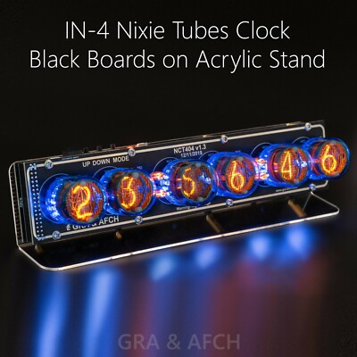 IN-4 Nixie Tubes Clock BLACK board with Sockets Temp F/C 12/24H on Acrylic Stand