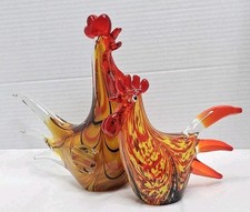 Vintage Murano Style Hand Blown Art Glass Rooster Figurines Lot Of 2 Colorful