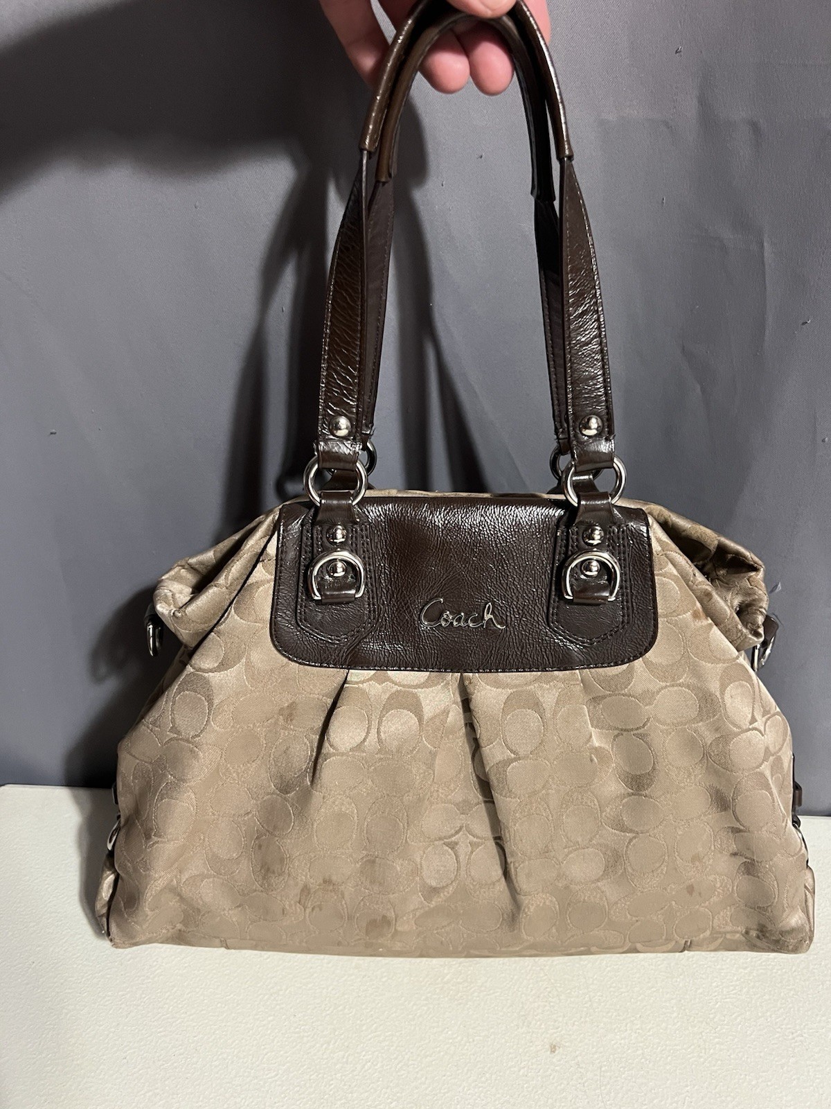 Coach Purse Ashley Signature Brown Carryall Shoulder Bag F15510 Khaki Mahogany