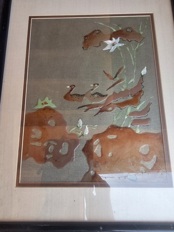 Asian-style Lacquer/Acrylic painting On Fabric (Possibly Silk) W/Ducks & Flowers