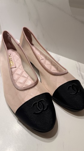 CHANEL CC Cap Toe Ballet Flats Pink Black Mesh Grosgrain Quilted EU 37 US 7