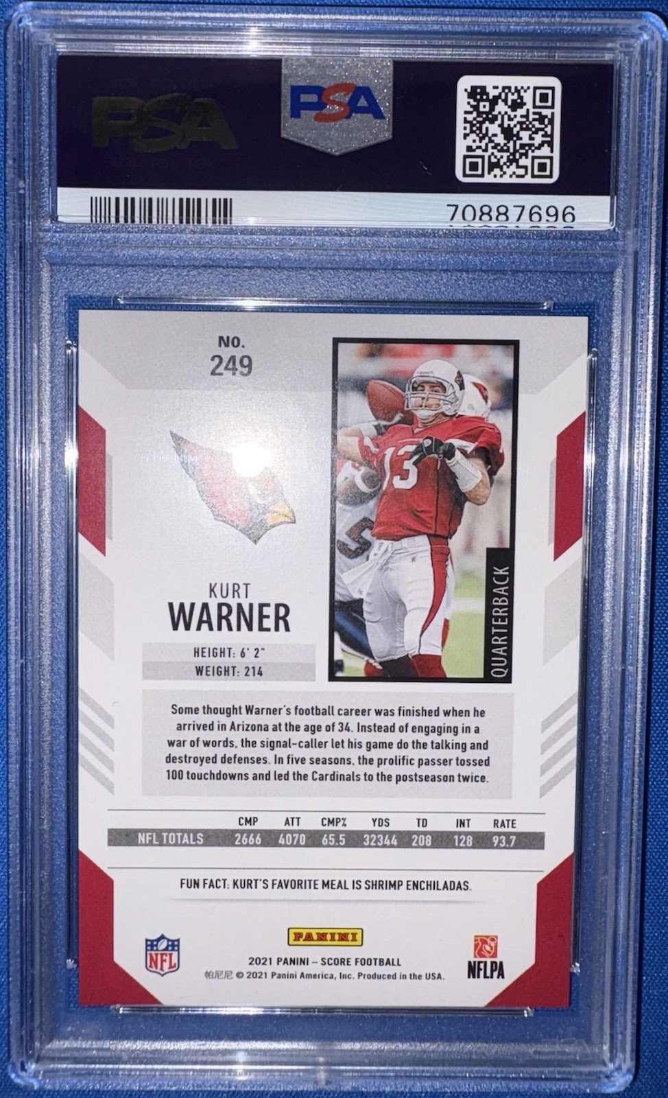 2021 Score Kurt Warner Gold Zone 50/50 1/1 Card PSA 9 SP view 2