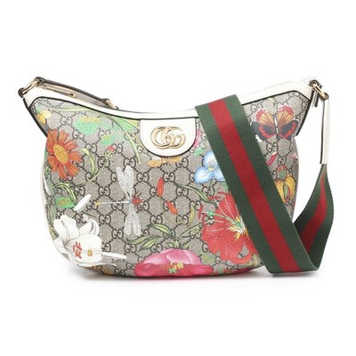 Gucci GG Supreme Flora Web Ophidia Half Moon Hobo bag white