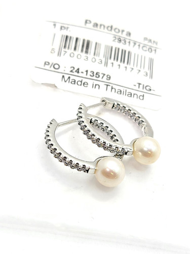 Genuine Pandora Treated Freshwater Cultured Pearl Hoop CZ Earrings 293171C01