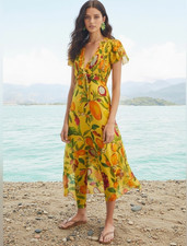 NWT FARM Rio Fruit Lovers Maxi in Yellow Tropical Print Smocked Dress L