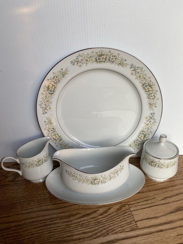 Sango Oxford China Japan Dreame Time 530 Platter Gravy Boat Sugar Bowl & Creamer