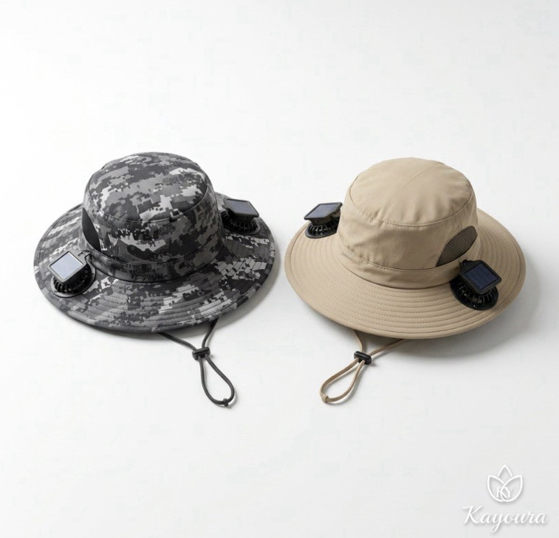 Kayoura Solar Fan Wide Brim Hat Dual Fans Cotton Beige