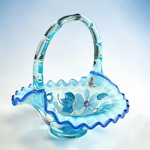 Fenton Celeste Blue hand Pinted Crimped Ruffle Cobolt Blue Basket Flowers Signed