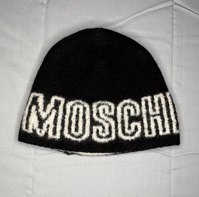 Moschino Big Logo Kids Black Wool Beanie Designer Logo Knit Hat Youth Winter Cap