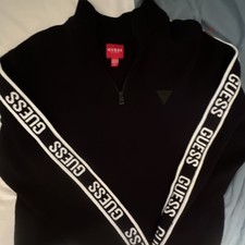 GUESS Black 1/4 Zip Logo Mock Neck Long Sleeve Pullover Sweater Women
