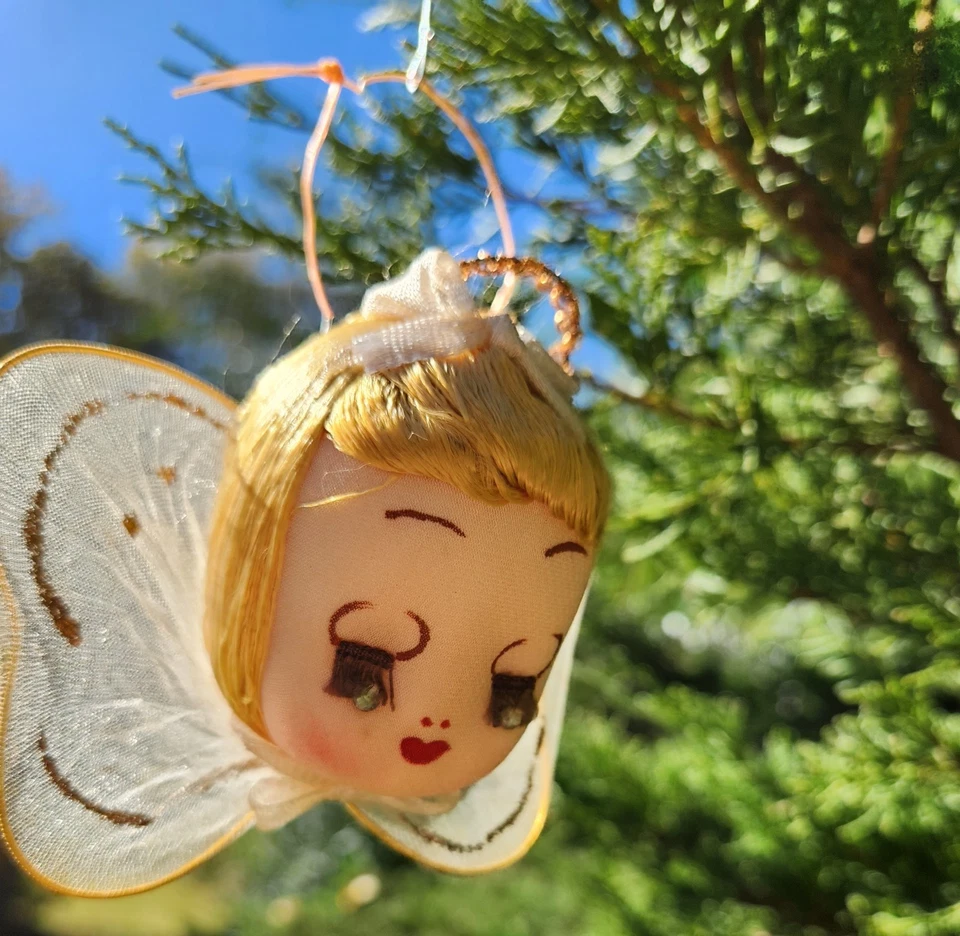 Vtg Christmas Angel Head Net Stocking Wire Rhinestone Japan Ornament Set of 2 - Image 4 of 4