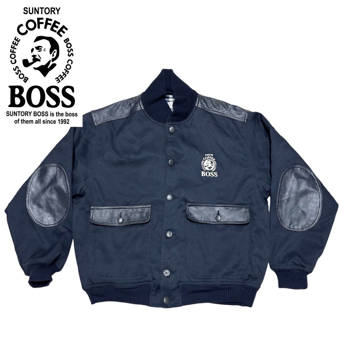 SACAI X NIKE Giacca stadio 90S Y2K Suntory Boss pelle blusa blu navy toppa gomito imbottita