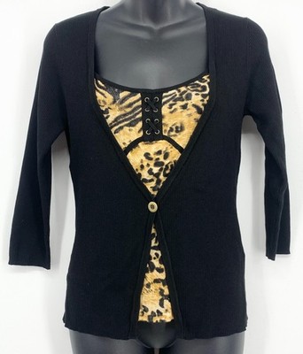 August Silk Women Top Blouse 2 Fer 3/4 Black Animal Size Large L Button New