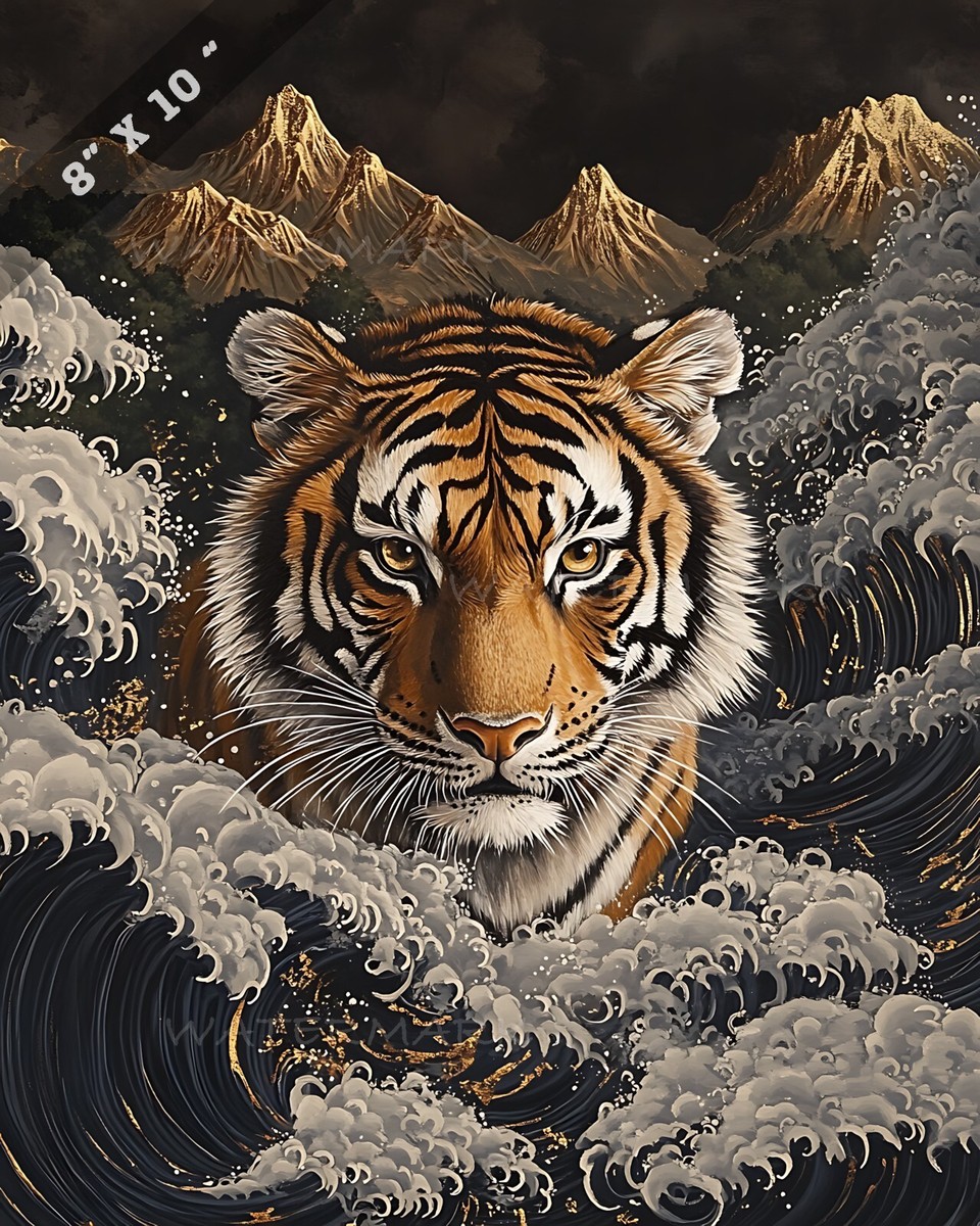East Asian Waves & Mountain Tiger 8x10 Matte Print Wall Art Decor