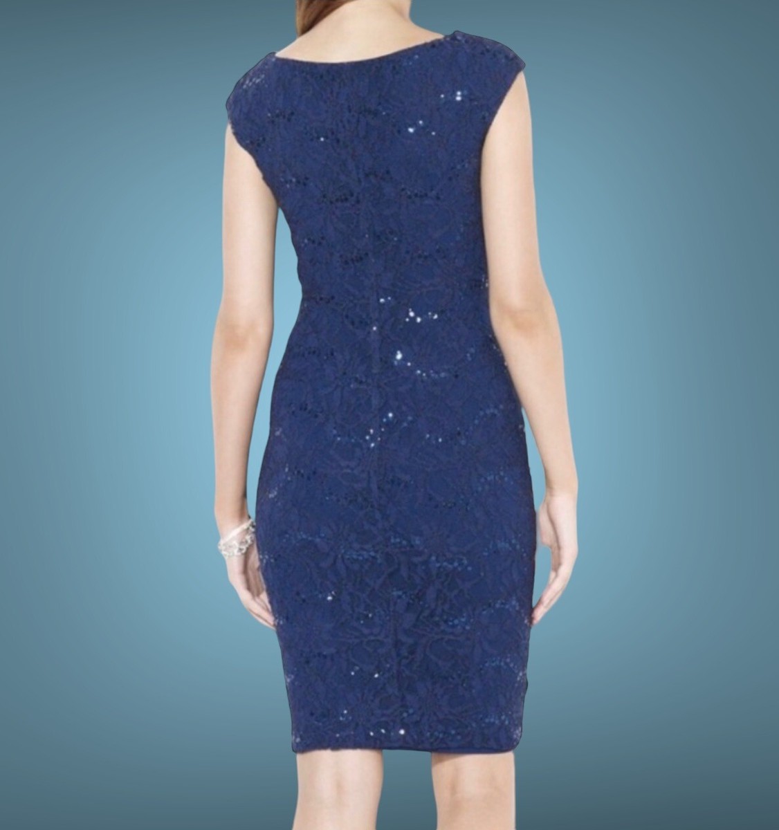 Ralph Lauren Sheath Dress Size 10 Navy Blue Full Lace Sequin