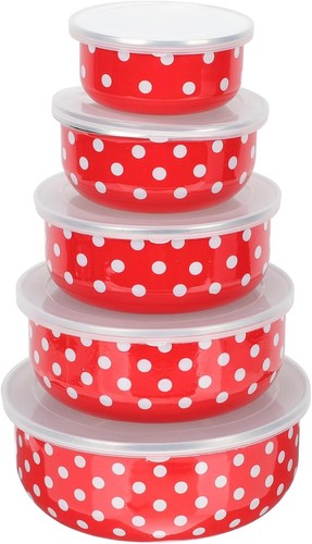 5Pcs Enamel Salad Bowls with Lids, Stackable Mixing Bowls for Fresh White,Red - 第 1/9 張圖片