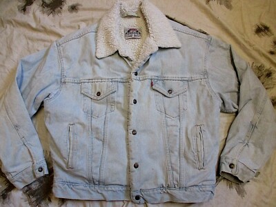 real vintage 80s LEVIS levi MADE IN USA trucker sherpa JACKE MANTEL blue denim L 