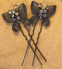 2 Vintage gold tone Hair Hairpin filigree Butterfly Crystal Rhinestone Wedding