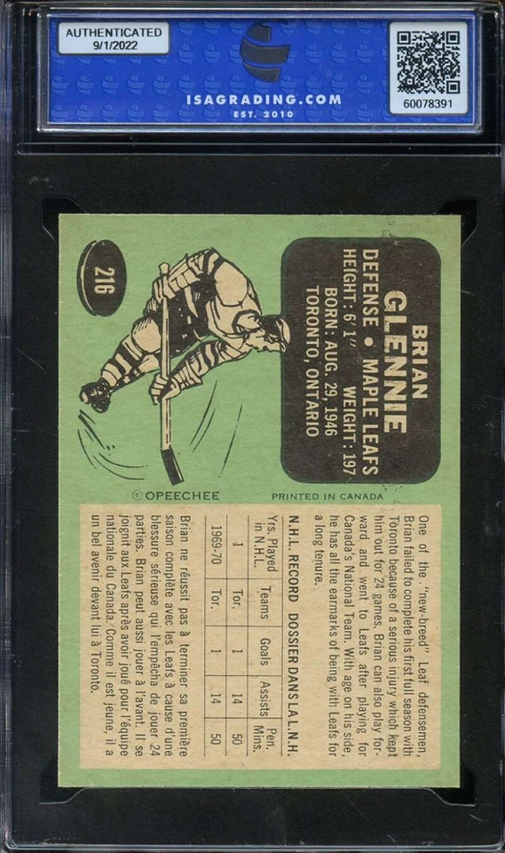 1970-71 O-PEE-CHEE #216 BRIAN GLENNIE (RC) ISA 9 MAPLE LEAFS  *ADT5653 - Image 2 of 2