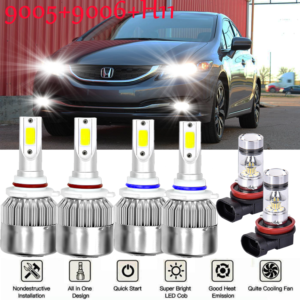 For Honda Civic 2006-2014 2015 LED Headlight High Low Beam Fog Light Bulbs Kit