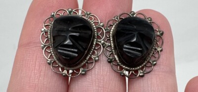 Vintage Ace Sterling Silver Face Screw Back Earrings Carved Onyx