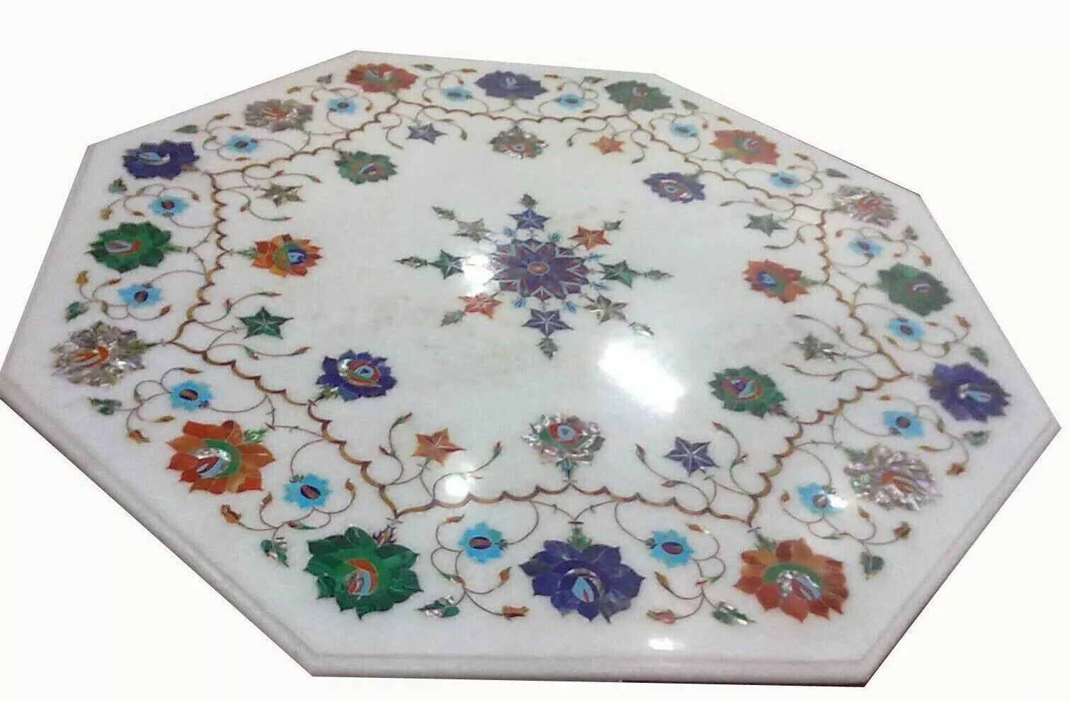 White Marble Coffee Table with Floral Gemstone Inlay Decor