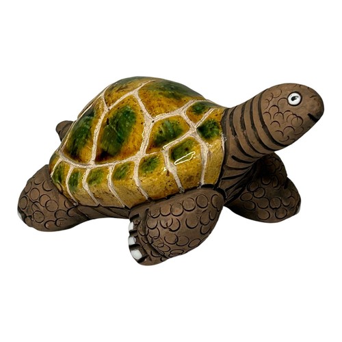 Vintage Casals Turtle Figurine Peru Ceramic Figurine 5" Glazed Shell Green Brown