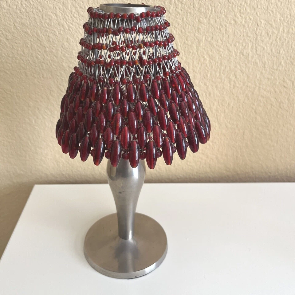 POTTERY BARN~Vara de vela de níquel escovado Tealight~Bombra de contas âmbar vermelho 10,25"T - Imagem 3 de 4