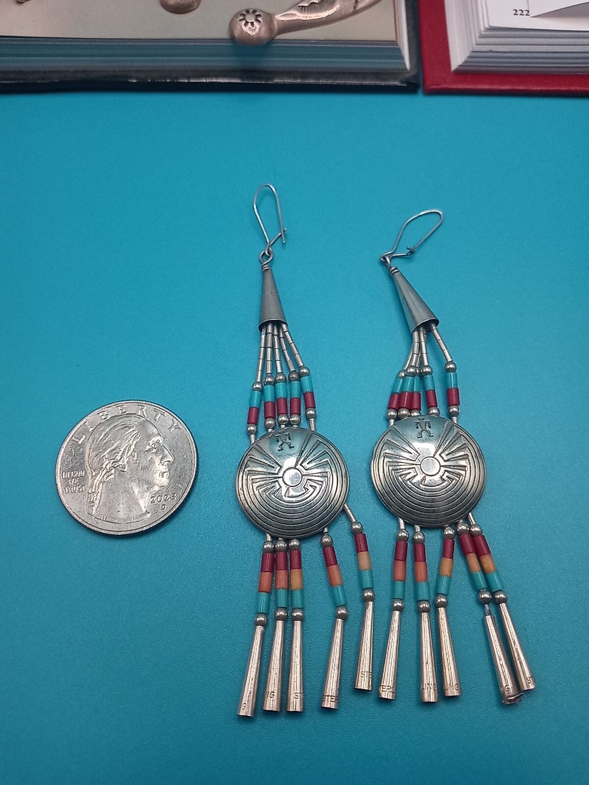 Native Liquid Silver Dangle Maze Multi-Stone Earr… - image 1